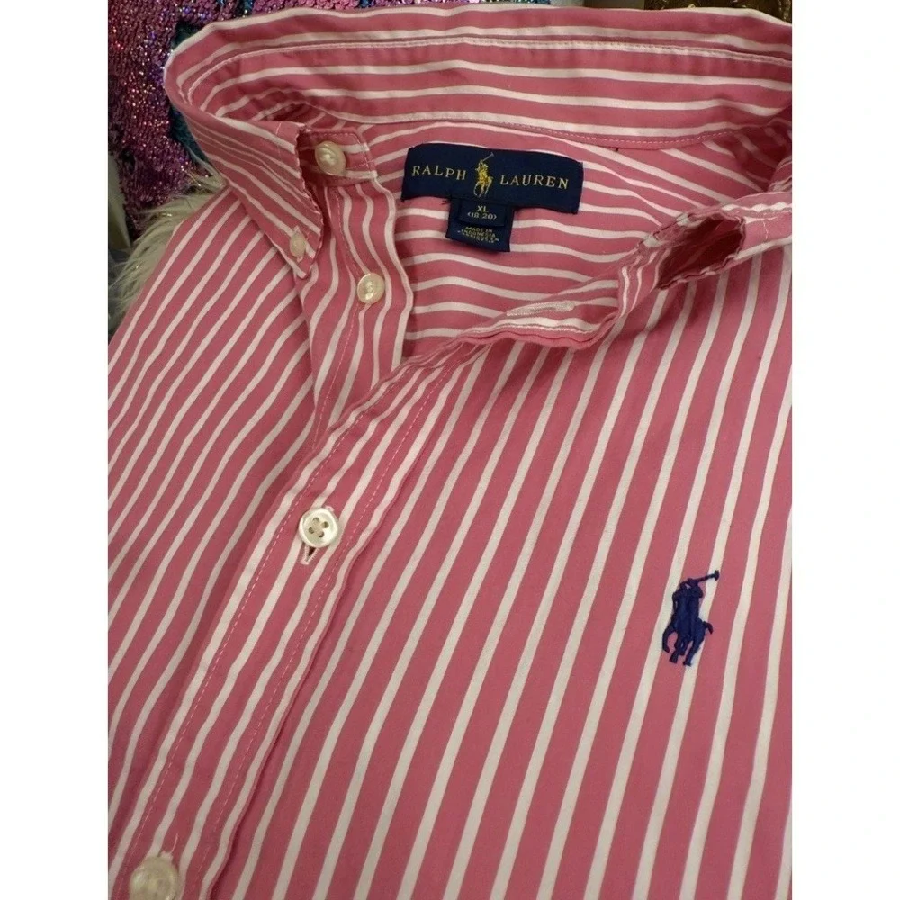 Ralph Lauren Shirt Boys Button Down XL (18-20) Pink White Striped Blue Pony Logo